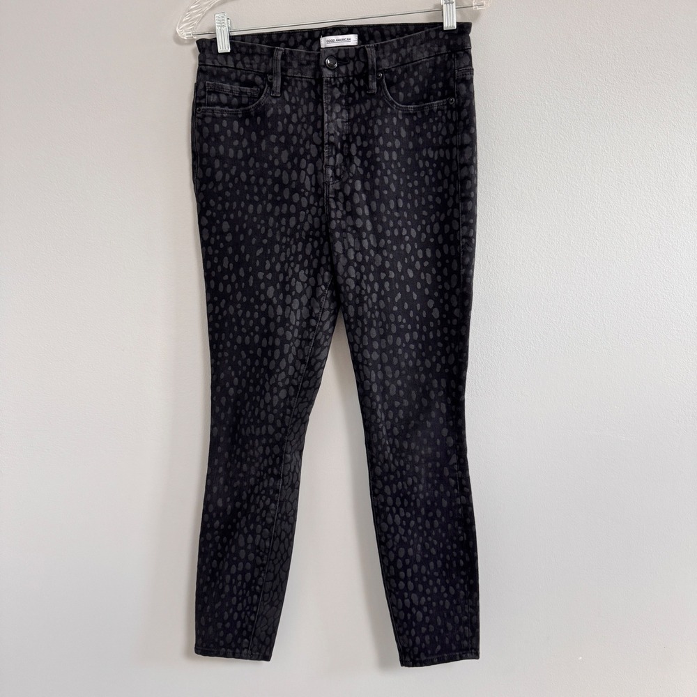 Good American Good Legs Crop Black Animal Print Jeans High Rise Size 6/28